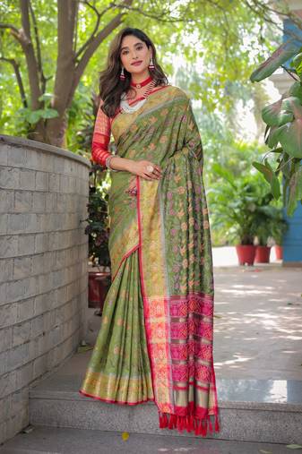 Women's Olive Faux Patola Silk Zari Woven Traditional Saree with Blouse
