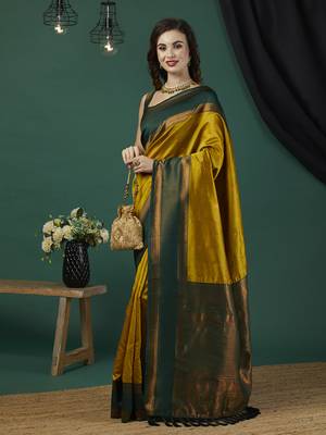 Mustard faux banarasi silk blend wevon zari heavy looks glamorous ceremonial saree 5
