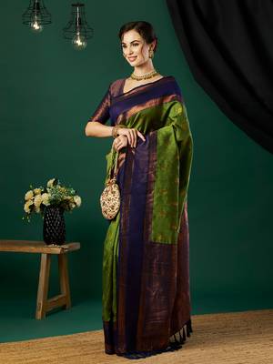 Green faux banarasi silk blend wevon zari heavy looks glamorous ceremonial saree 5