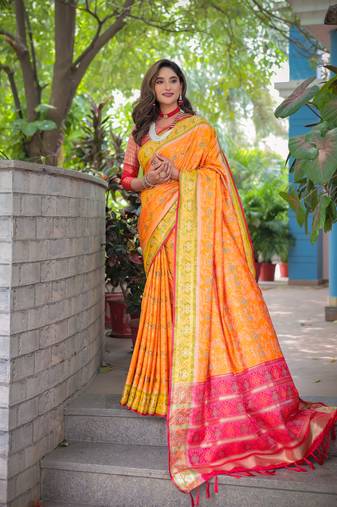 Women's Yellow Faux Patola Silk Zari Woven Traditional Saree with Blouse