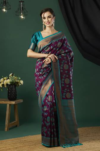 Wine ethnic banarasi silk blend saree with floral woven designer looks