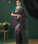 Wine ethnic banarasi silk blend saree with floral woven designer looks