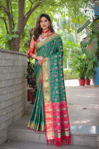 Women's Green Faux Patola Silk Zari Woven Traditional Saree with Blouse