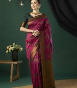Pink ethnic banarasi silk blend saree with floral woven designer looks