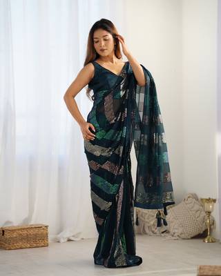 Teal blue glamorous georgette c sequins work looks saree 1