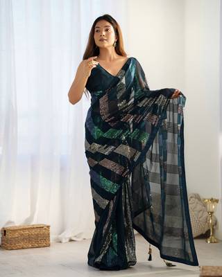 Teal blue glamorous georgette c sequins work looks saree 2