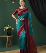 Aqua blue banarasi silk blend wevon jari designer heavy looks glamorous ceremonial saree