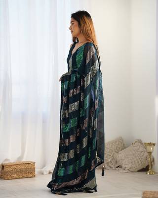 Teal blue glamorous georgette c sequins work looks saree 3