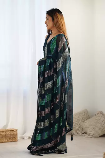 Teal blue glamorous georgette c sequins work looks saree