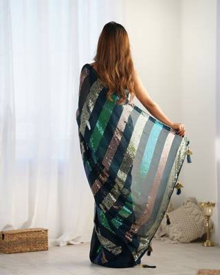 Teal blue glamorous georgette c sequins work looks saree 4