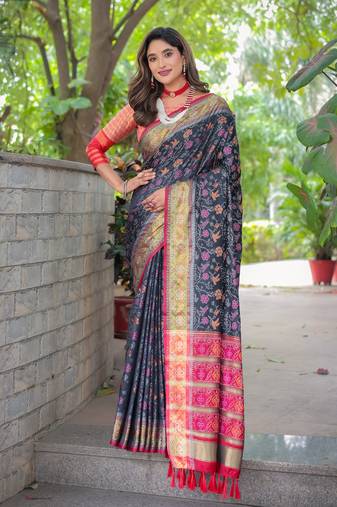 Women's Black Faux Patola Silk Zari Woven Traditional Saree with Blouse