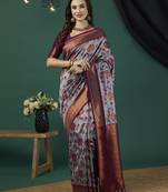 Lavender ethnic banarasi silk blend saree with floral woven designer looks