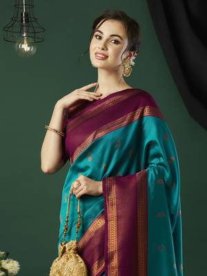 Aqua blue faux banarasi silk blend wevon zari heavy looks glamorous ceremonial saree 3