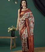 Grey ethnic banarasi silk blend saree with floral woven designer looks