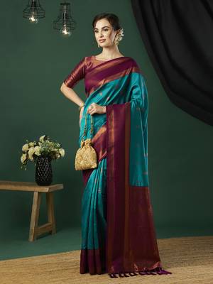Aqua blue faux banarasi silk blend wevon zari heavy looks glamorous ceremonial saree 5