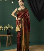 Maroon ethnic banarasi silk blend saree with floral woven designer looks