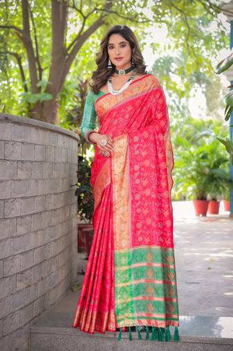 Women's Red Faux Patola Silk Zari Woven Traditional Saree with Blouse