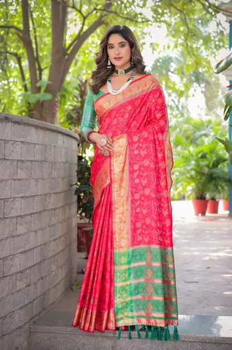 Women's Red Faux Patola Silk Zari Woven Traditional Saree with Blouse