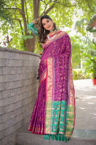 Women's Purple Faux Patola Silk Zari Woven Traditional Saree with Blouse