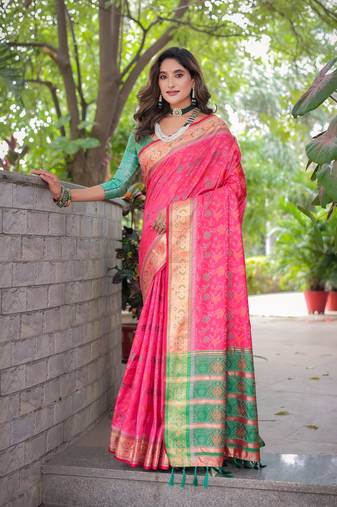 Women's Pink Faux Patola Silk Zari Woven Traditional Saree with Blouse