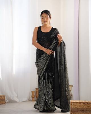 Black georgette Sequin embroidery work style partywear saree 1