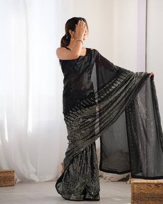 Black georgette Sequin embroidery work style partywear saree 2