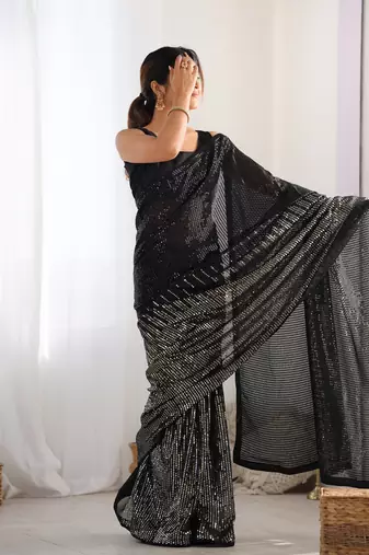 Black georgette Sequin embroidery work style partywear saree