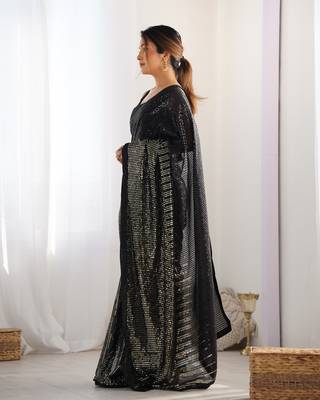 Black georgette Sequin embroidery work style partywear saree 3