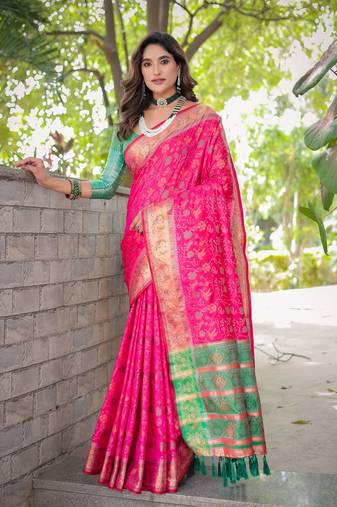 Women's Rani Pink Faux Patola Silk Zari Woven Traditional Saree with Blouse