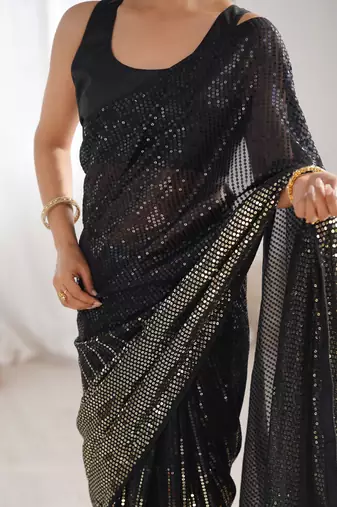 Black georgette Sequin embroidery work style partywear saree