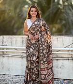 Brown classic tussar silk blend saree with woven and designer print work