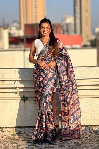Blue classic tussar silk blend saree with woven and designer print work