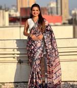 Blue classic tussar silk blend saree with woven and designer print work