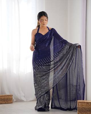 Blue georgette Sequin embroidery work style partywear saree 2