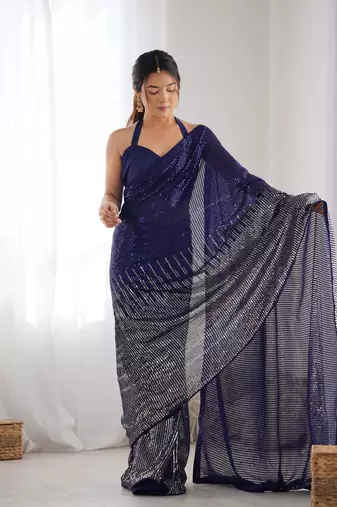 Blue georgette Sequin embroidery work style partywear saree