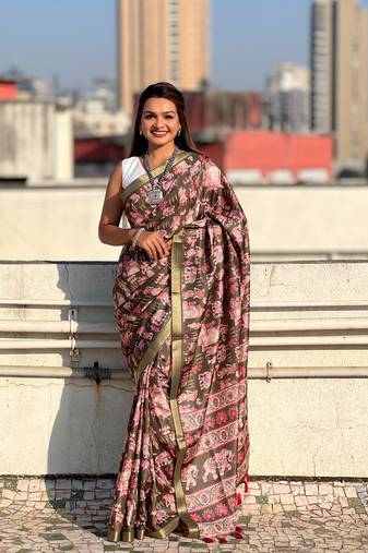 Green classic tussar silk blend saree with woven and designer print work