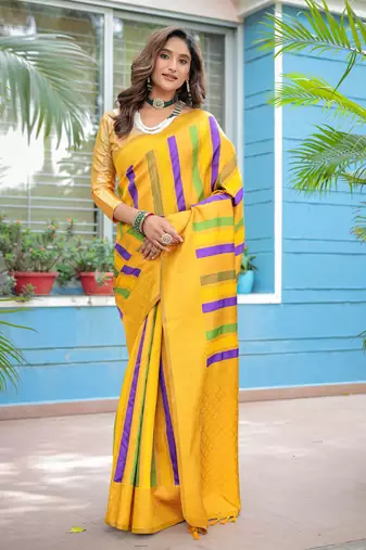 Women's Yellow Semi Kanjivaram Pattu Silk Zari Woven Traditional Saree with Blouse