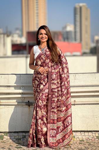 Wine classic tussar silk blend saree with woven and designer print work