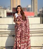 Wine classic tussar silk blend saree with woven and designer print work