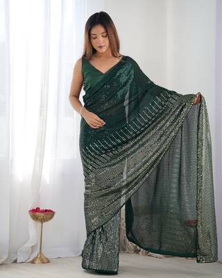 Green georgette Sequin embroidery work style partywear saree 2