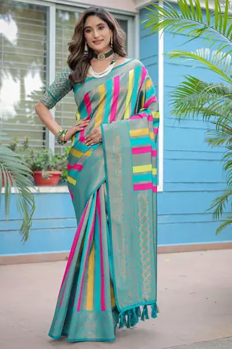 Women's Turquoise Semi Kanjivaram Pattu Silk Zari Woven Traditional Saree with Blouse