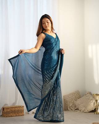 Petrol georgette Sequin embroidery work style partywear saree 1