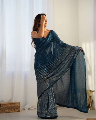 Petrol georgette Sequin embroidery work style partywear saree 2