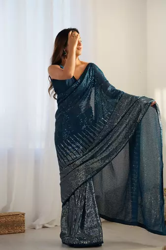 Petrol georgette Sequin embroidery work style partywear saree