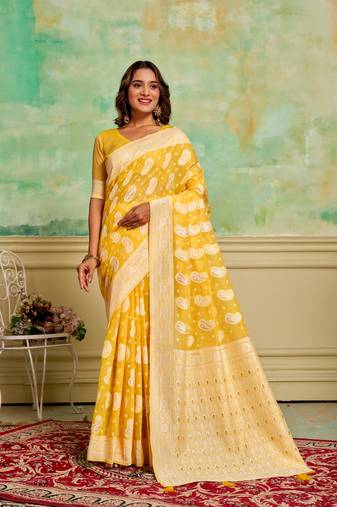 Yellow cotton c wevon designer ethnic festive wear saree