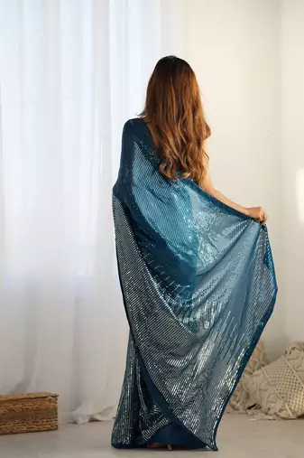 Petrol georgette Sequin embroidery work style partywear saree