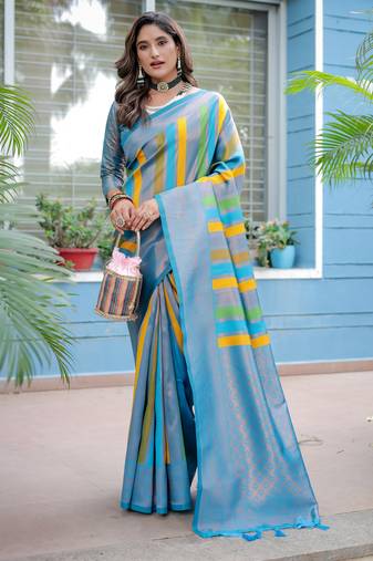 Women's Sky Blue Semi Kanjivaram Pattu Silk Zari Woven Traditional Saree with Blouse