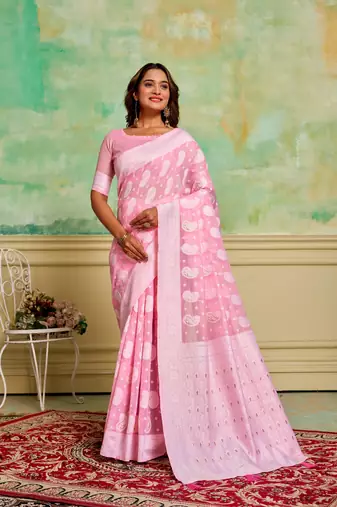 Pink cotton c woven designer ethnic festive wear saree