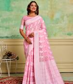 Pink cotton c woven ethnic festive wear saree