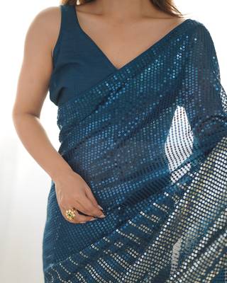 Petrol georgette Sequin embroidery work style partywear saree 5